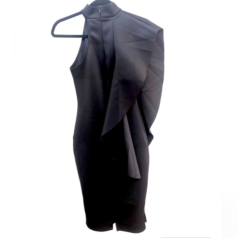 #002 NWOT - Women's Bodycon Black Neoprene Exaggerated Frill Midi Dress! - Picture 5 of 6